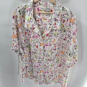 Vintage White Stag Plus White Abstract Cafe Town Button Up Shirt Size 26W/28W